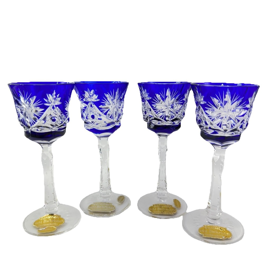 Vintage German Lead Crystal Cobalt Blue Cordial Glasses Set 4 Hand Cut Stemware